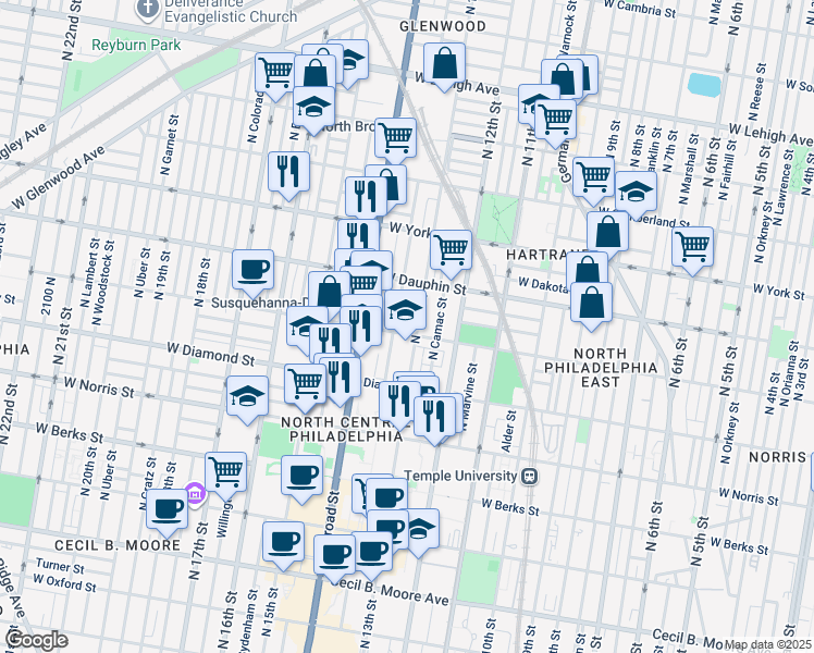 map of restaurants, bars, coffee shops, grocery stores, and more near 1311 West Susquehanna Avenue in Philadelphia