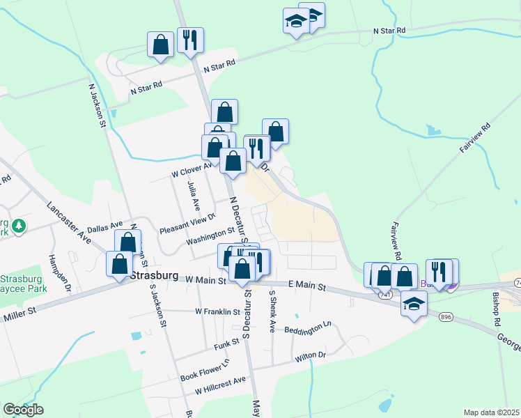 map of restaurants, bars, coffee shops, grocery stores, and more near 640 Old Post Lane in Strasburg