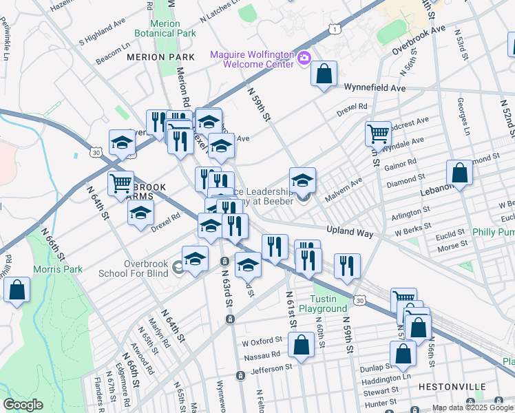 map of restaurants, bars, coffee shops, grocery stores, and more near 1981 Upland Way in Philadelphia