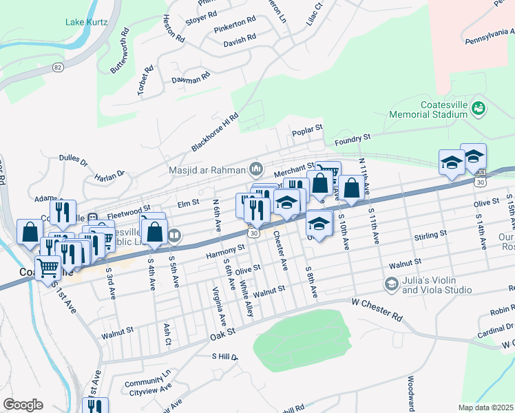 map of restaurants, bars, coffee shops, grocery stores, and more near 708 East Chestnut Street in Coatesville