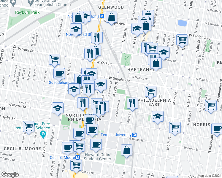 map of restaurants, bars, coffee shops, grocery stores, and more near 2215 North Camac Street in Philadelphia