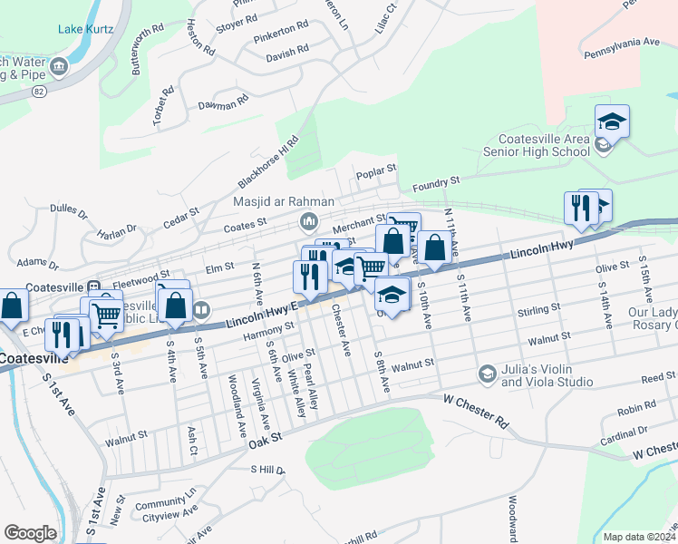 map of restaurants, bars, coffee shops, grocery stores, and more near 747 East Diamond Street in Coatesville