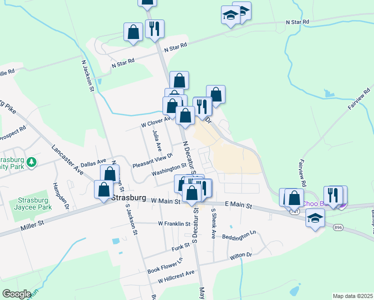 map of restaurants, bars, coffee shops, grocery stores, and more near 219 North Decatur Street in Strasburg