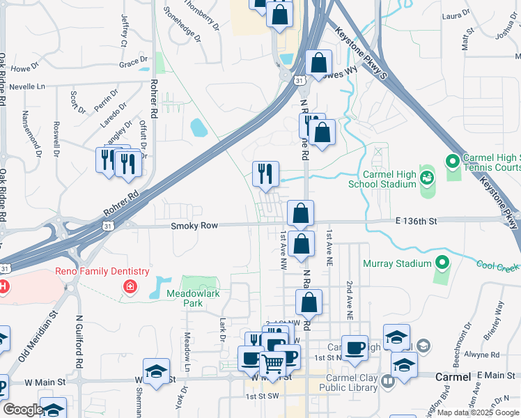 map of restaurants, bars, coffee shops, grocery stores, and more near 976 3rd Avenue Northwest in Carmel