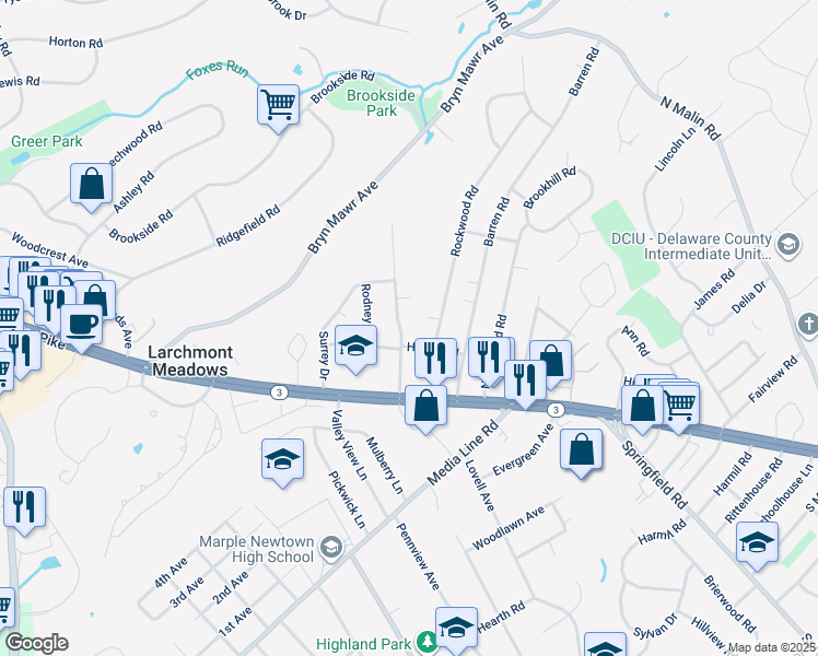 map of restaurants, bars, coffee shops, grocery stores, and more near 23 Radnor Drive in Newtown Square