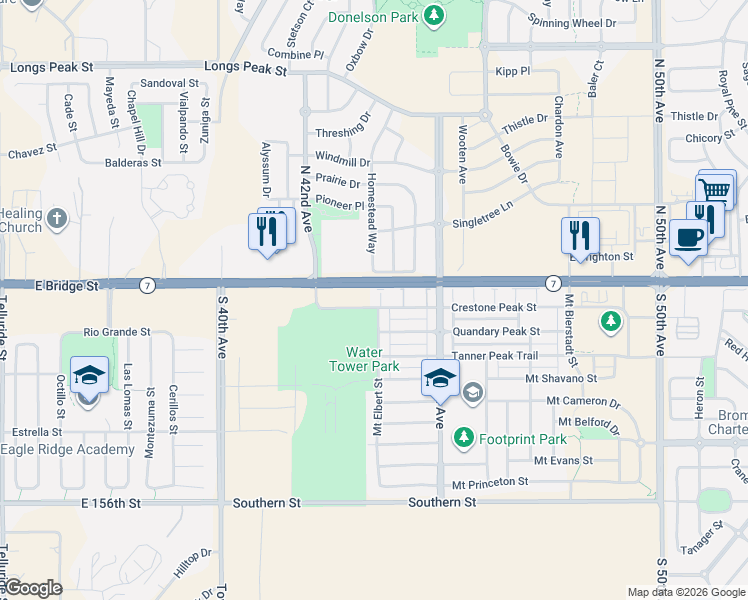 map of restaurants, bars, coffee shops, grocery stores, and more near 4291 Crestone Peak Street in Brighton