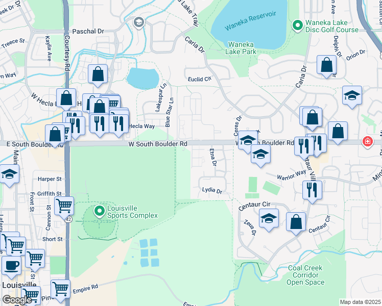 map of restaurants, bars, coffee shops, grocery stores, and more near 1364 Cimarron Drive in Lafayette