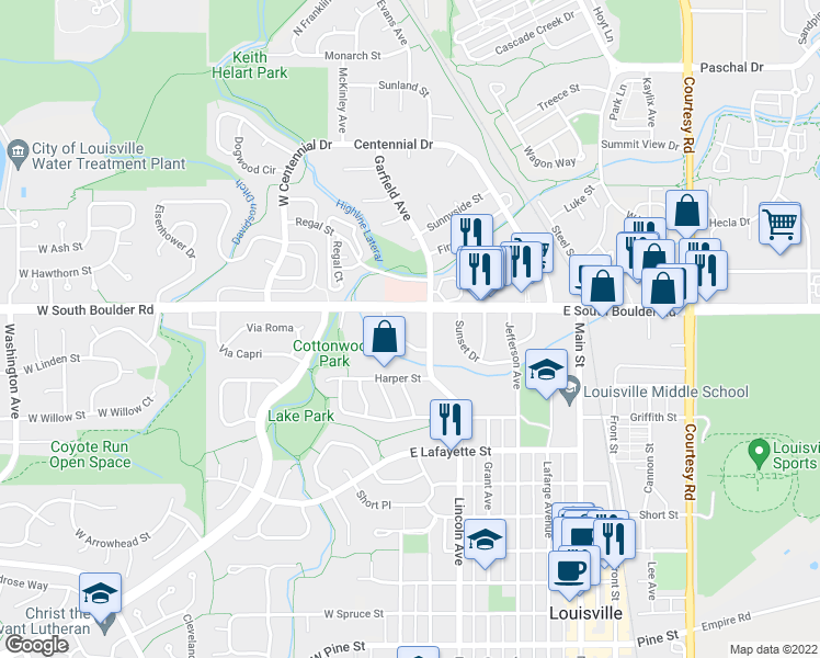 map of restaurants, bars, coffee shops, grocery stores, and more near 323 West South Boulder Road in Louisville
