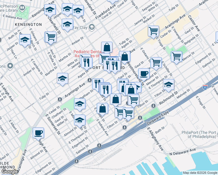 map of restaurants, bars, coffee shops, grocery stores, and more near 3154 Chatham Street in Philadelphia