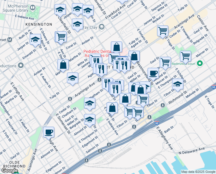 map of restaurants, bars, coffee shops, grocery stores, and more near 3104 Cedar Street in Philadelphia