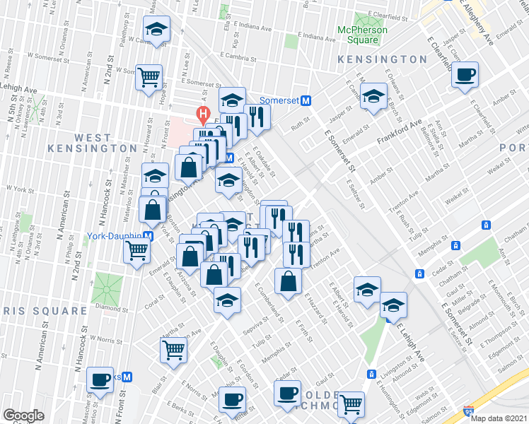 map of restaurants, bars, coffee shops, grocery stores, and more near 2633 Emerald Street in Philadelphia