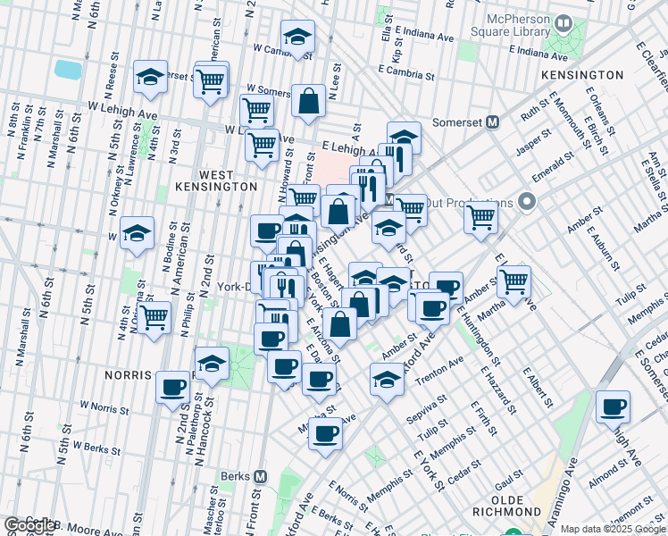 map of restaurants, bars, coffee shops, grocery stores, and more near 2449 Kensington Avenue in Philadelphia