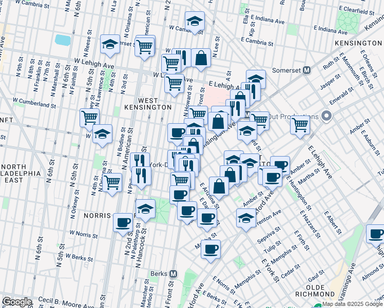 map of restaurants, bars, coffee shops, grocery stores, and more near 2121 Kensington Walk in Philadelphia