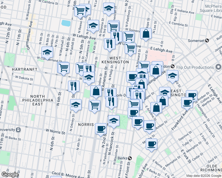 map of restaurants, bars, coffee shops, grocery stores, and more near 229 West York Street in Philadelphia