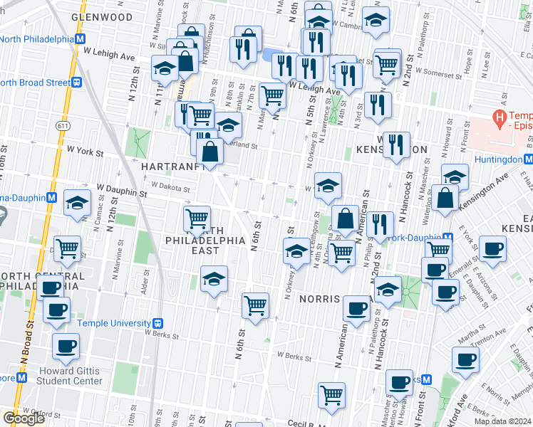 map of restaurants, bars, coffee shops, grocery stores, and more near 2337 North Fairhill Street in Philadelphia