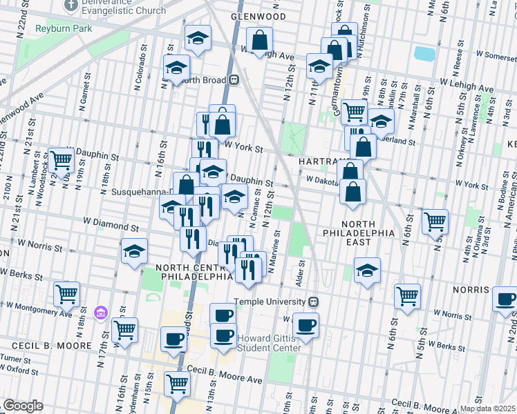 map of restaurants, bars, coffee shops, grocery stores, and more near 2247 North Camac Street in Philadelphia