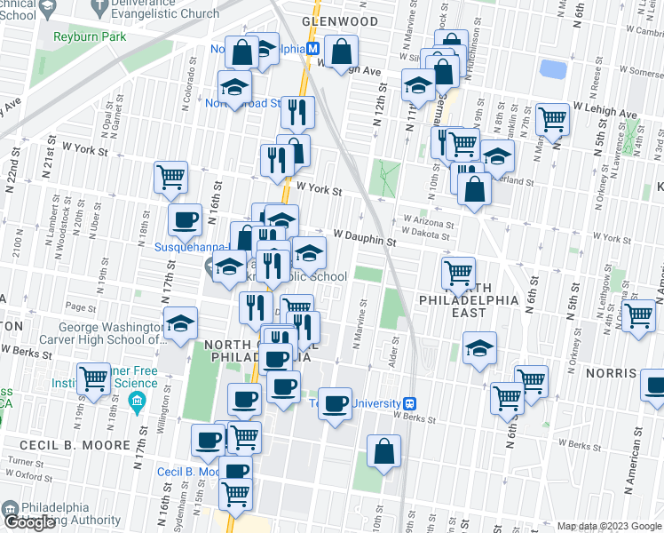 map of restaurants, bars, coffee shops, grocery stores, and more near 2247 North Camac Street in Philadelphia