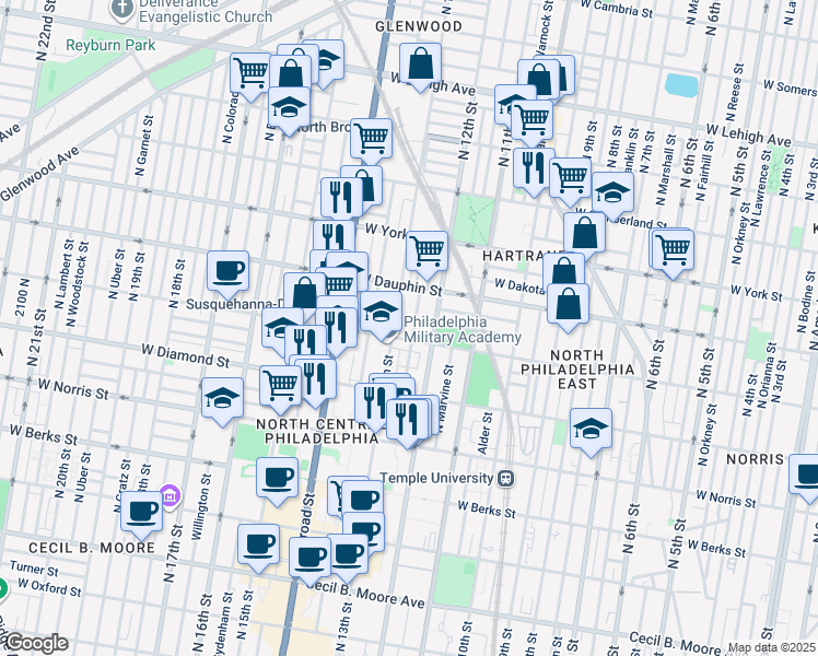 map of restaurants, bars, coffee shops, grocery stores, and more near 2247 North Camac Street in Philadelphia