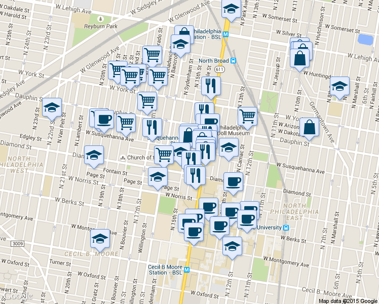 map of restaurants, bars, coffee shops, grocery stores, and more near 2221 North 15th Street in Philadelphia