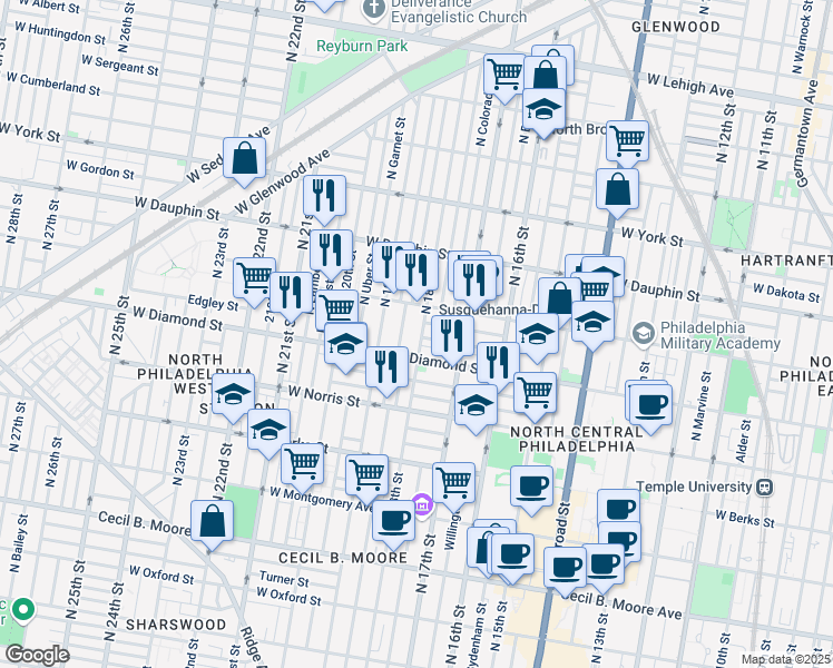 map of restaurants, bars, coffee shops, grocery stores, and more near 1828 West Susquehanna Avenue in Philadelphia