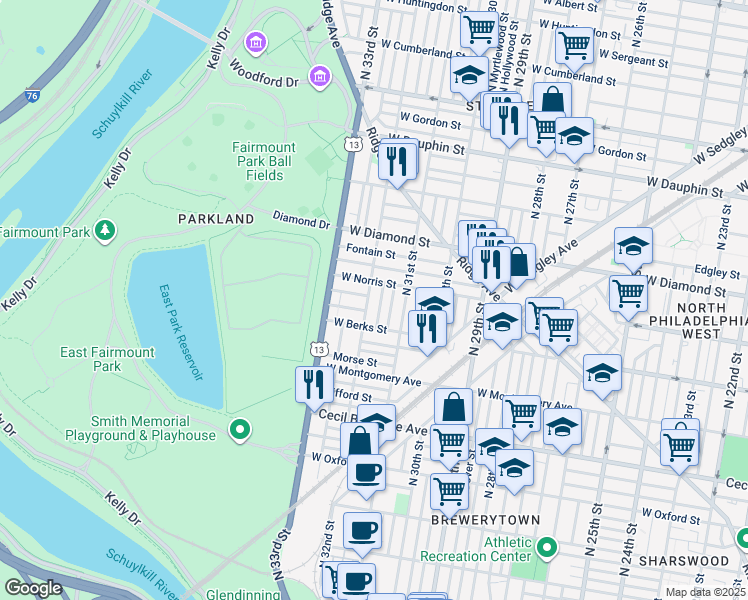 map of restaurants, bars, coffee shops, grocery stores, and more near in Philadelphia