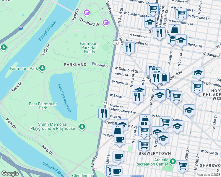 map of restaurants, bars, coffee shops, grocery stores, and more near in Philadelphia