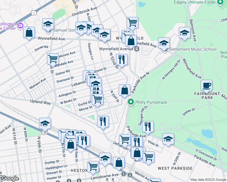 map of restaurants, bars, coffee shops, grocery stores, and more near 5300 Arlington Street in Philadelphia