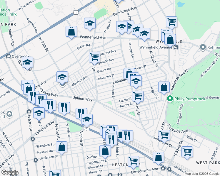 map of restaurants, bars, coffee shops, grocery stores, and more near 5623 Lebanon Avenue in Philadelphia