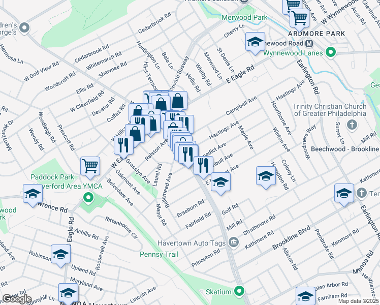 map of restaurants, bars, coffee shops, grocery stores, and more near 16 Hastings Avenue in Havertown