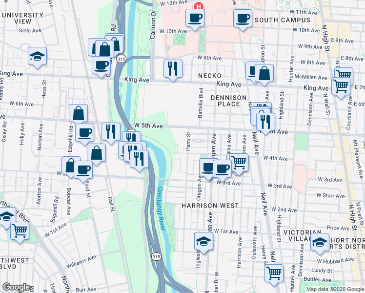 map of restaurants, bars, coffee shops, grocery stores, and more near 498 Vermont Place in Columbus