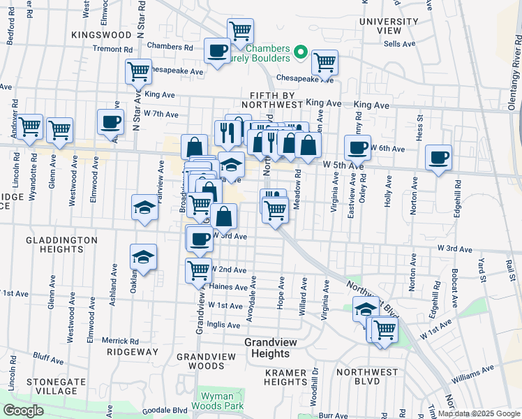map of restaurants, bars, coffee shops, grocery stores, and more near 1413 Northwest Boulevard in Columbus
