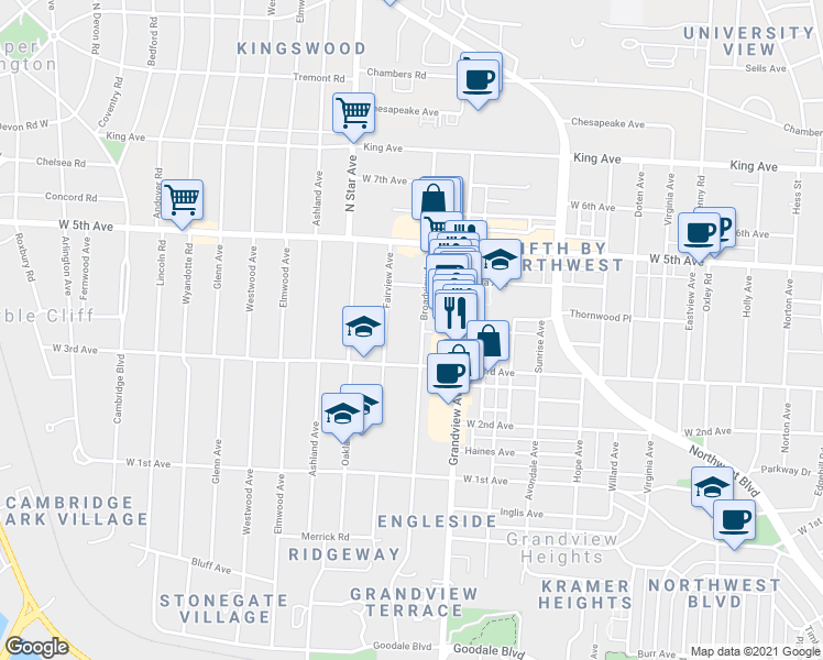 map of restaurants, bars, coffee shops, grocery stores, and more near 1436 Broadview Avenue in Columbus