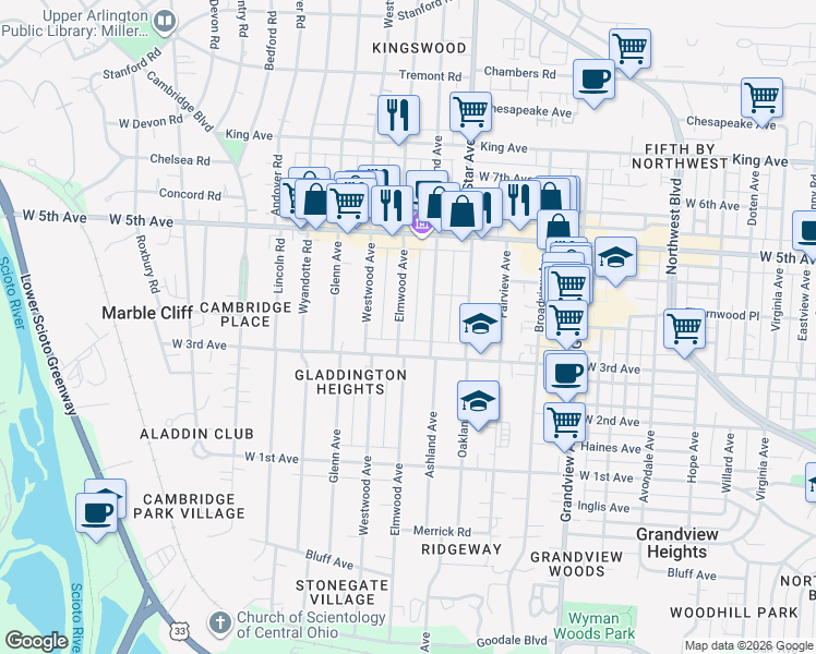 map of restaurants, bars, coffee shops, grocery stores, and more near 1467 Elmwood Avenue in Columbus