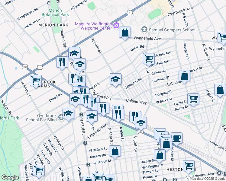 map of restaurants, bars, coffee shops, grocery stores, and more near 5901 Malvern Avenue in Philadelphia