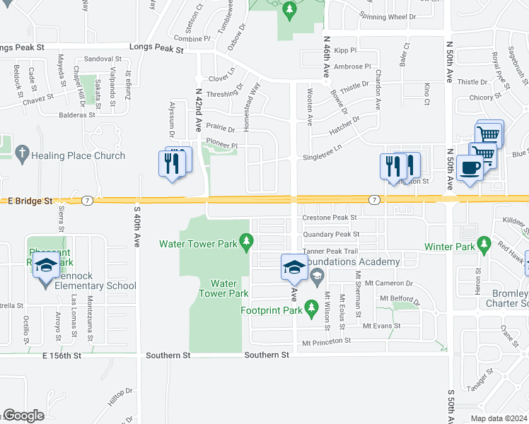 map of restaurants, bars, coffee shops, grocery stores, and more near 4363 Crestone Peak Street in Brighton