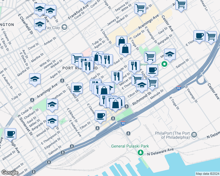 map of restaurants, bars, coffee shops, grocery stores, and more near 3257 Almond Street in Philadelphia