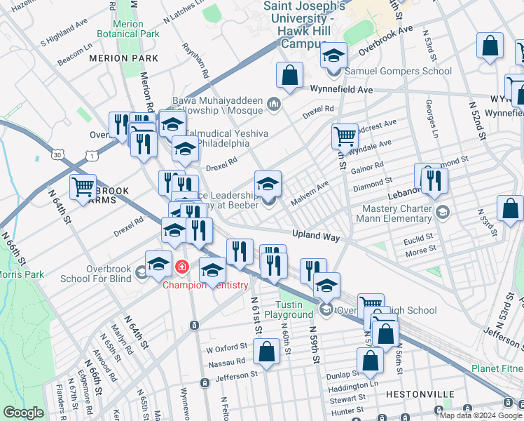 map of restaurants, bars, coffee shops, grocery stores, and more near 5901 Malvern Avenue in Philadelphia