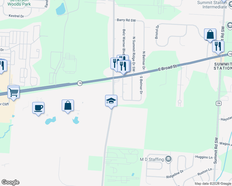 map of restaurants, bars, coffee shops, grocery stores, and more near 8861 East Broad Street in Reynoldsburg