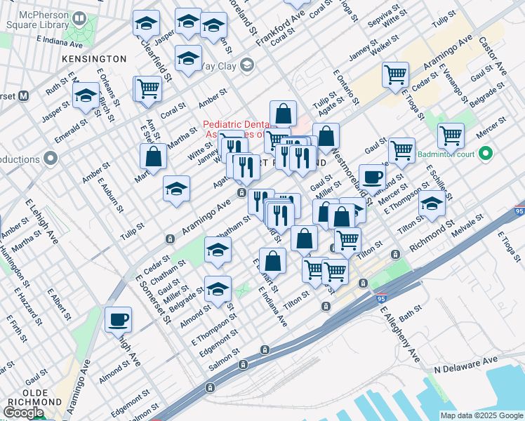 map of restaurants, bars, coffee shops, grocery stores, and more near 2423 East Clearfield Street in Philadelphia