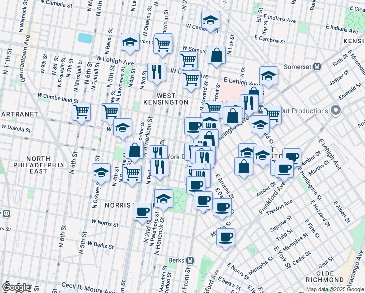 map of restaurants, bars, coffee shops, grocery stores, and more near 2352 North Mascher Street in Philadelphia