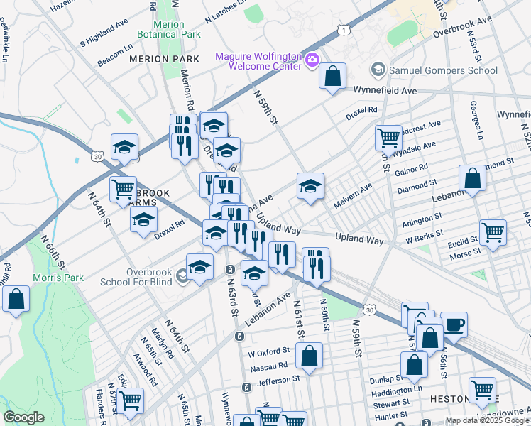 map of restaurants, bars, coffee shops, grocery stores, and more near 1981 Upland Way in Philadelphia