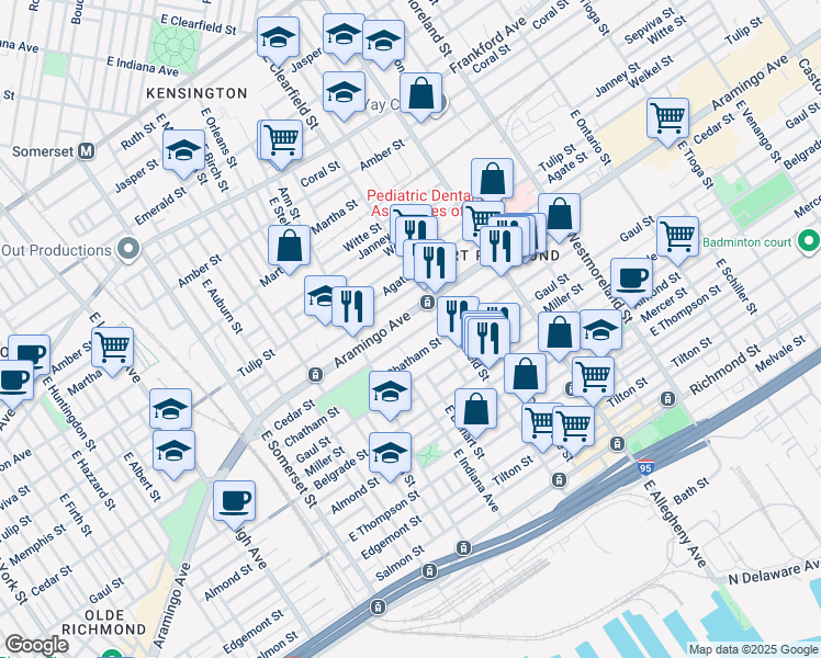 map of restaurants, bars, coffee shops, grocery stores, and more near 3050 Cedar Street in Philadelphia