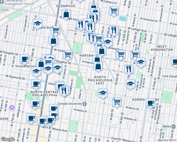 map of restaurants, bars, coffee shops, grocery stores, and more near 2241 North 10th Street in Philadelphia