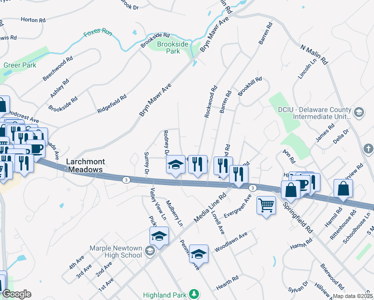 map of restaurants, bars, coffee shops, grocery stores, and more near 23 Radnor Drive in Newtown Square