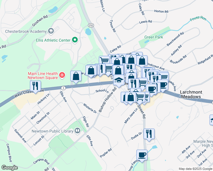 map of restaurants, bars, coffee shops, grocery stores, and more near 3720 West Chester Pike in Newtown Square