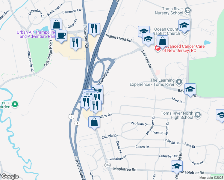 map of restaurants, bars, coffee shops, grocery stores, and more near 1255 New Jersey 166 in Toms River