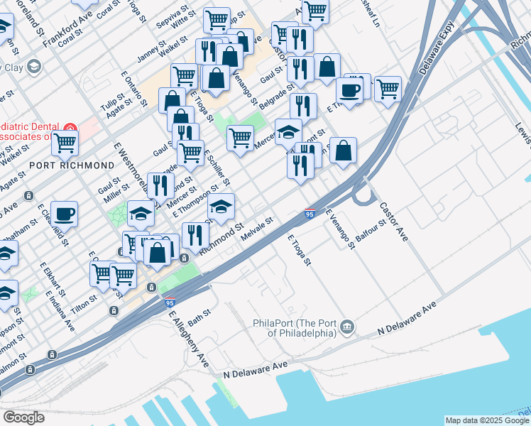 map of restaurants, bars, coffee shops, grocery stores, and more near 3500 Richmond Street in Philadelphia