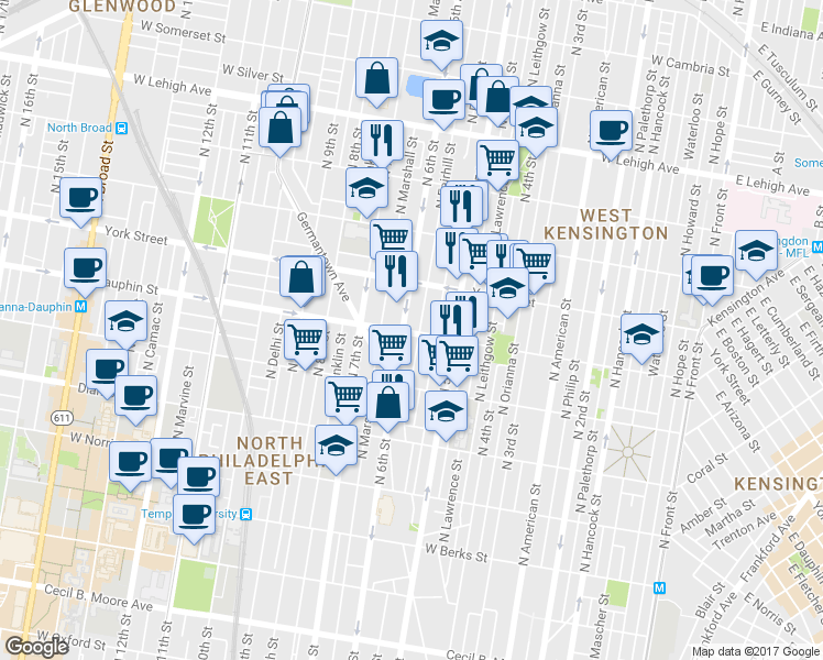 map of restaurants, bars, coffee shops, grocery stores, and more near 2301 North 6th Street in Philadelphia