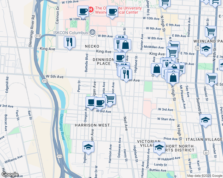 map of restaurants, bars, coffee shops, grocery stores, and more near 1225 Harrison Avenue in Columbus