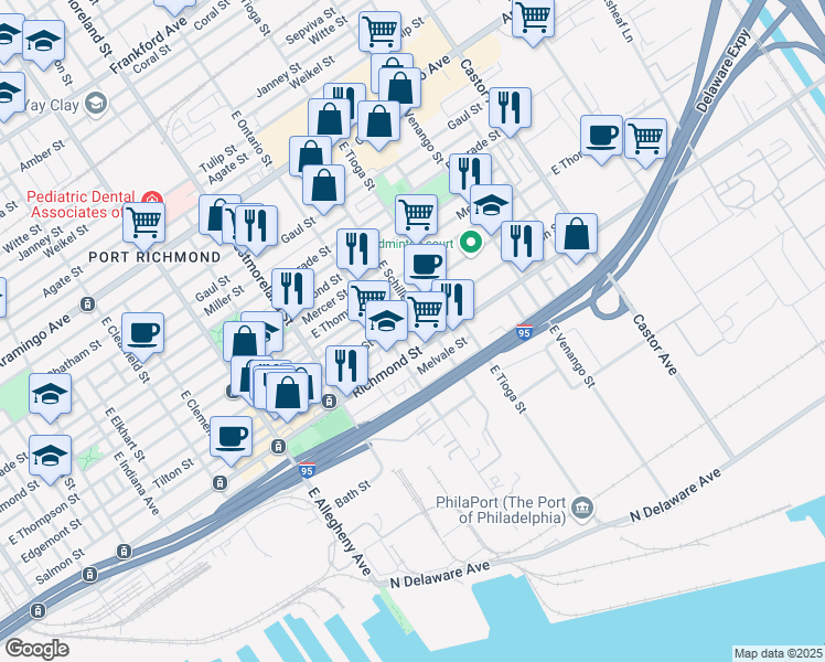 map of restaurants, bars, coffee shops, grocery stores, and more near 3431 Salmon Street in Philadelphia
